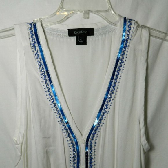 Karen Kane $116 White Button Front Barcelona Blue Beaded Tank Top Sz 0X NWT - Picture 3 of 3